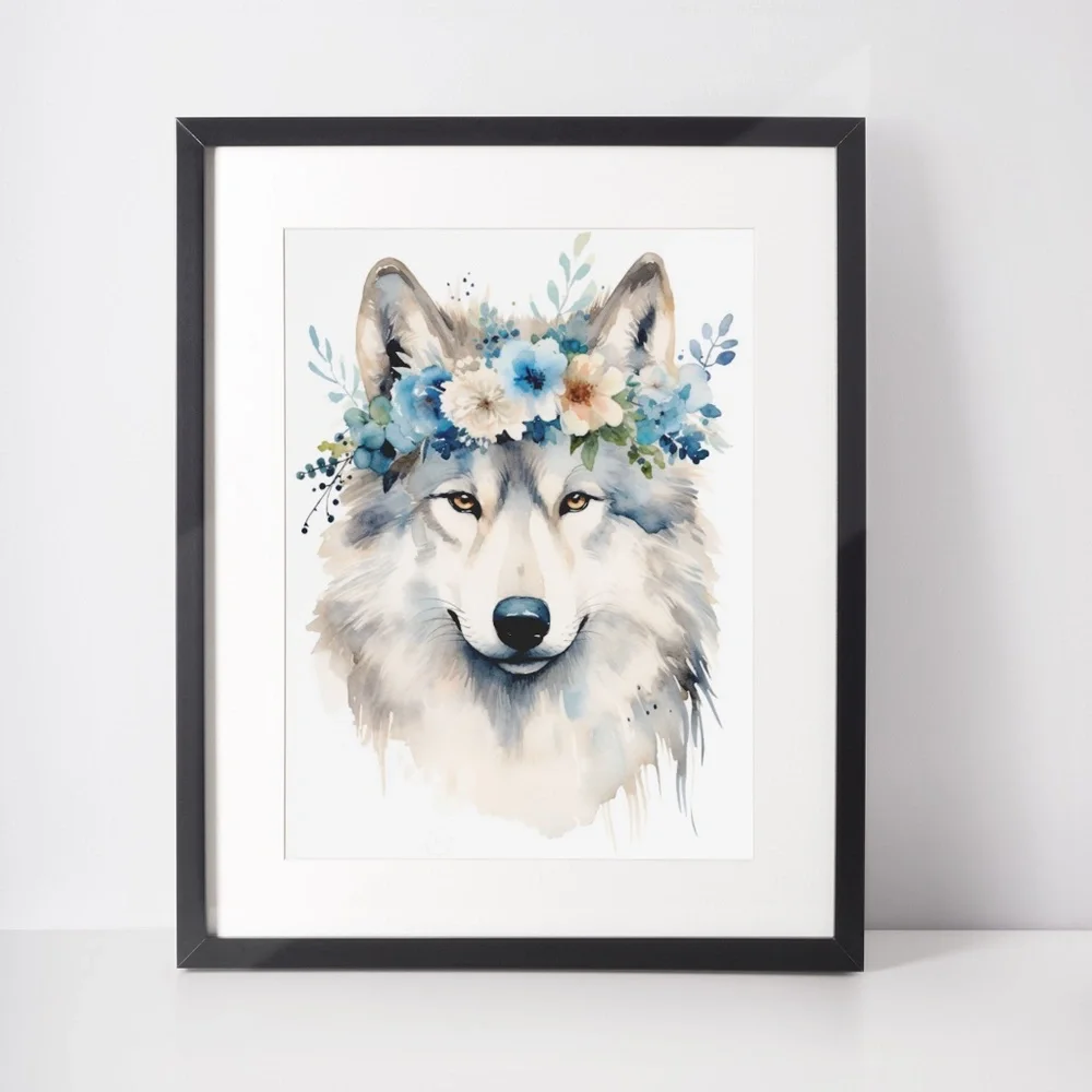 Watercolor Floral Wolf Portrait Wall Art Illustration Print Poster Unframed - Picture 2 of 7
